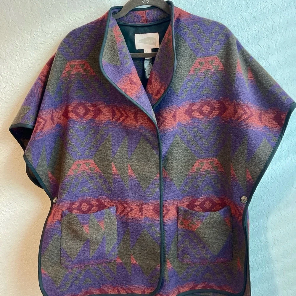 Wool Blend Purple & Brown Aztec Print Poncho Sweater - Picture 1 of 6
